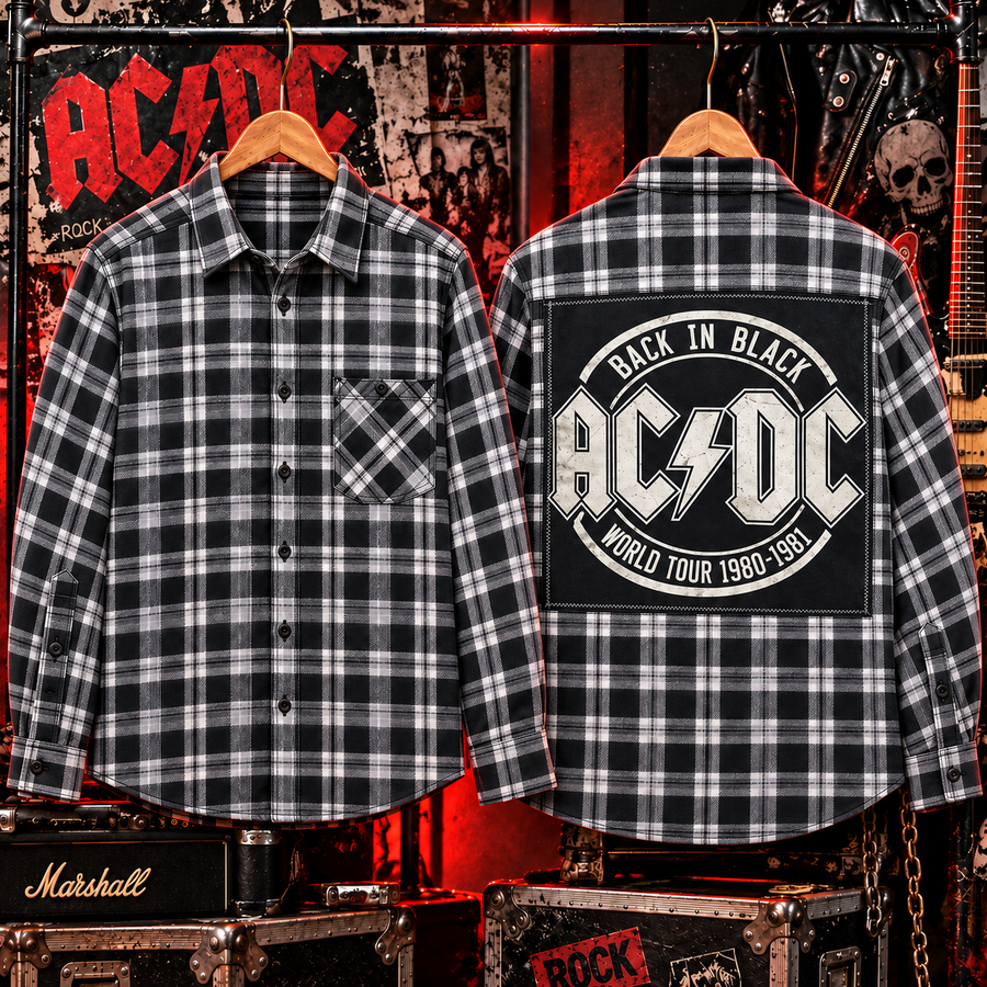 Style 1 — black and white plaid with AC/DC Back in Black world tour back patch