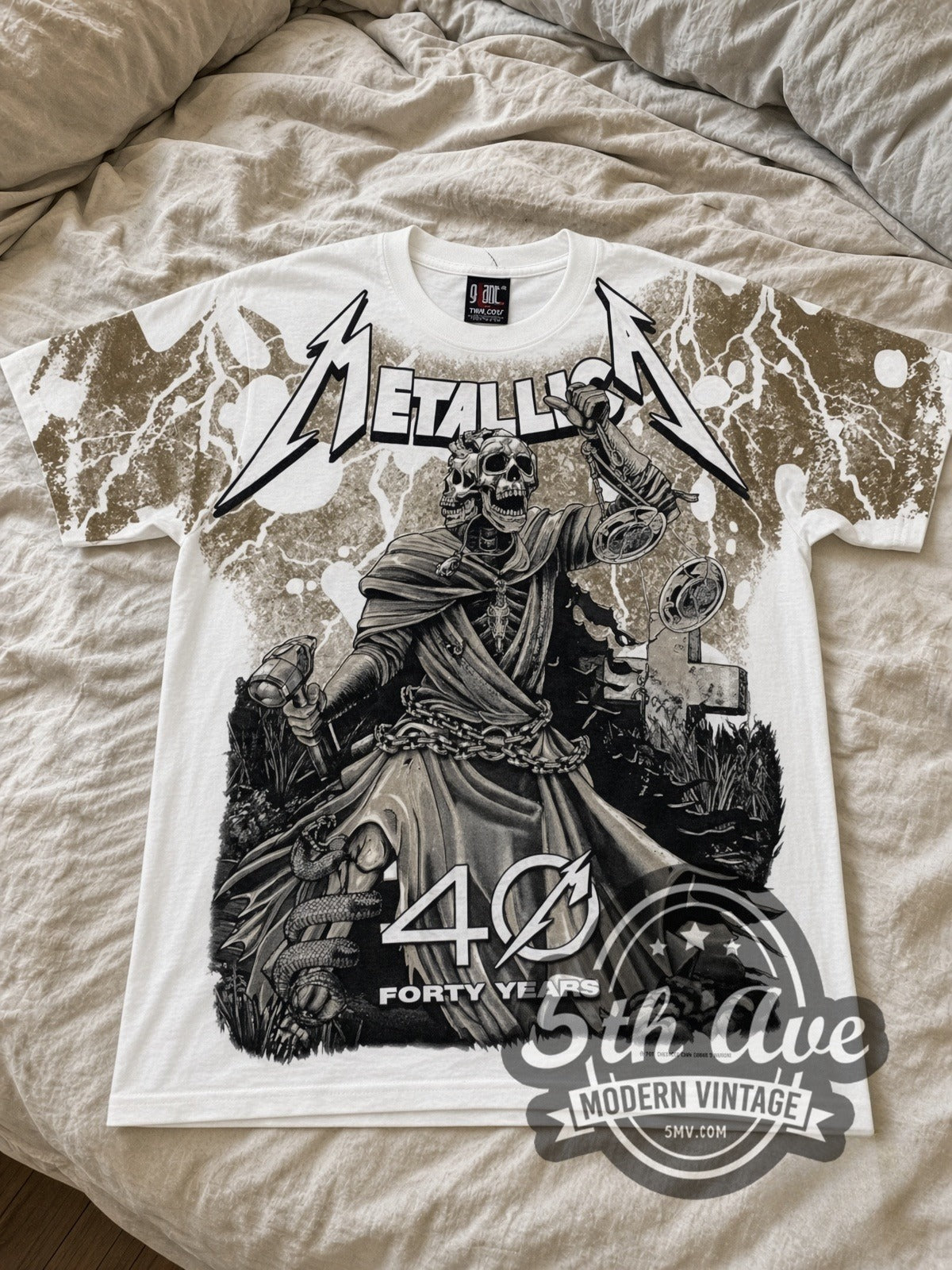 Metallica – 40 Years Lady Justice All Over Print (White) – Vintage Band T-Shirt