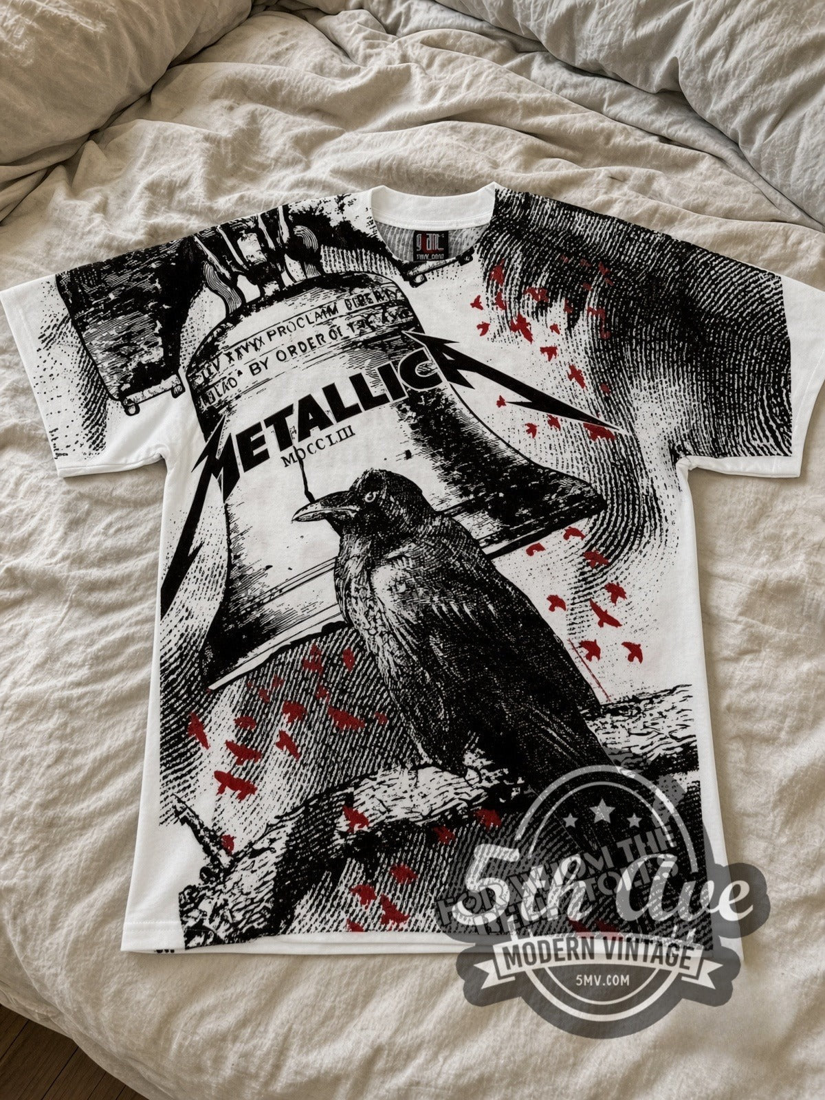 Metallica – For Whom the Bell Tolls Crow White All Over Print – Vintage Band T-Shirt