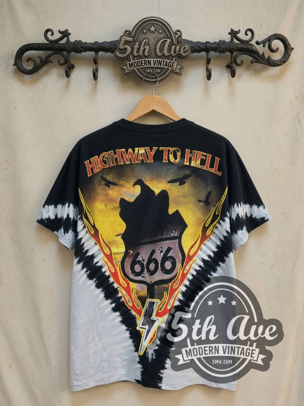 AC/DC – Highway to Hell Flame V Black Grey Tie-Dye – Vintage Band T-Shirt