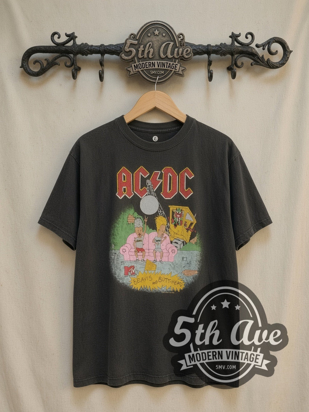 AC/DC x Beavis and Butt-Head – Pink Couch MTV Washed Black – Vintage Band T-Shirt