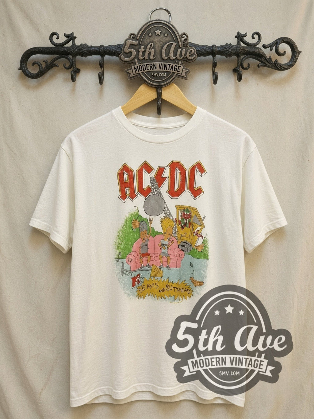 AC/DC x Beavis and Butt-Head – Pink Couch White Tee Wrecking Ball – Vintage Band T-Shirt