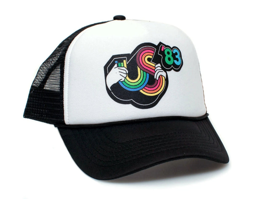 Angled side view of classic black US 83 cap